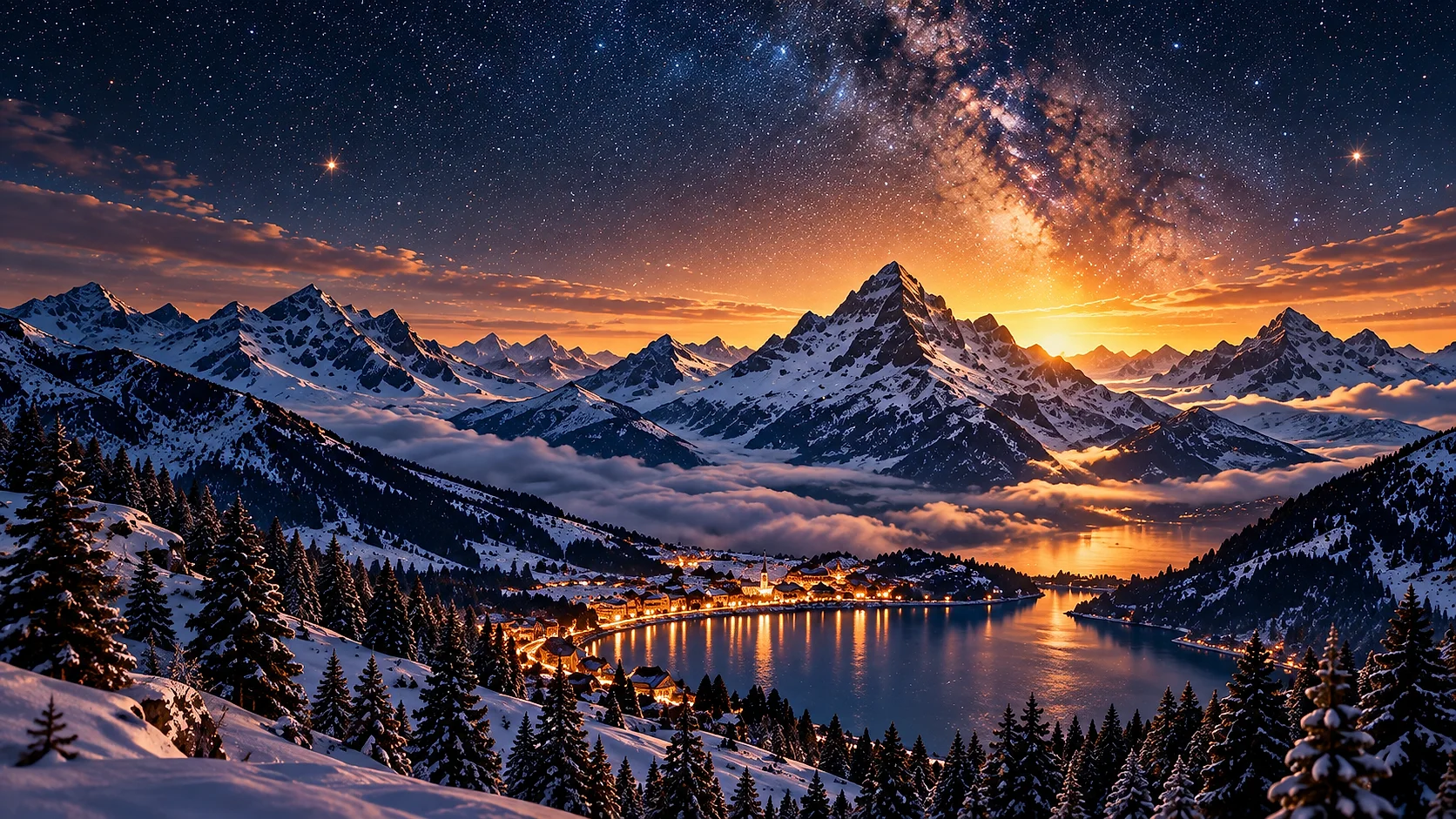 Milchstrasse über den verschneiten Alpen und ein beleuchteter See im Tal