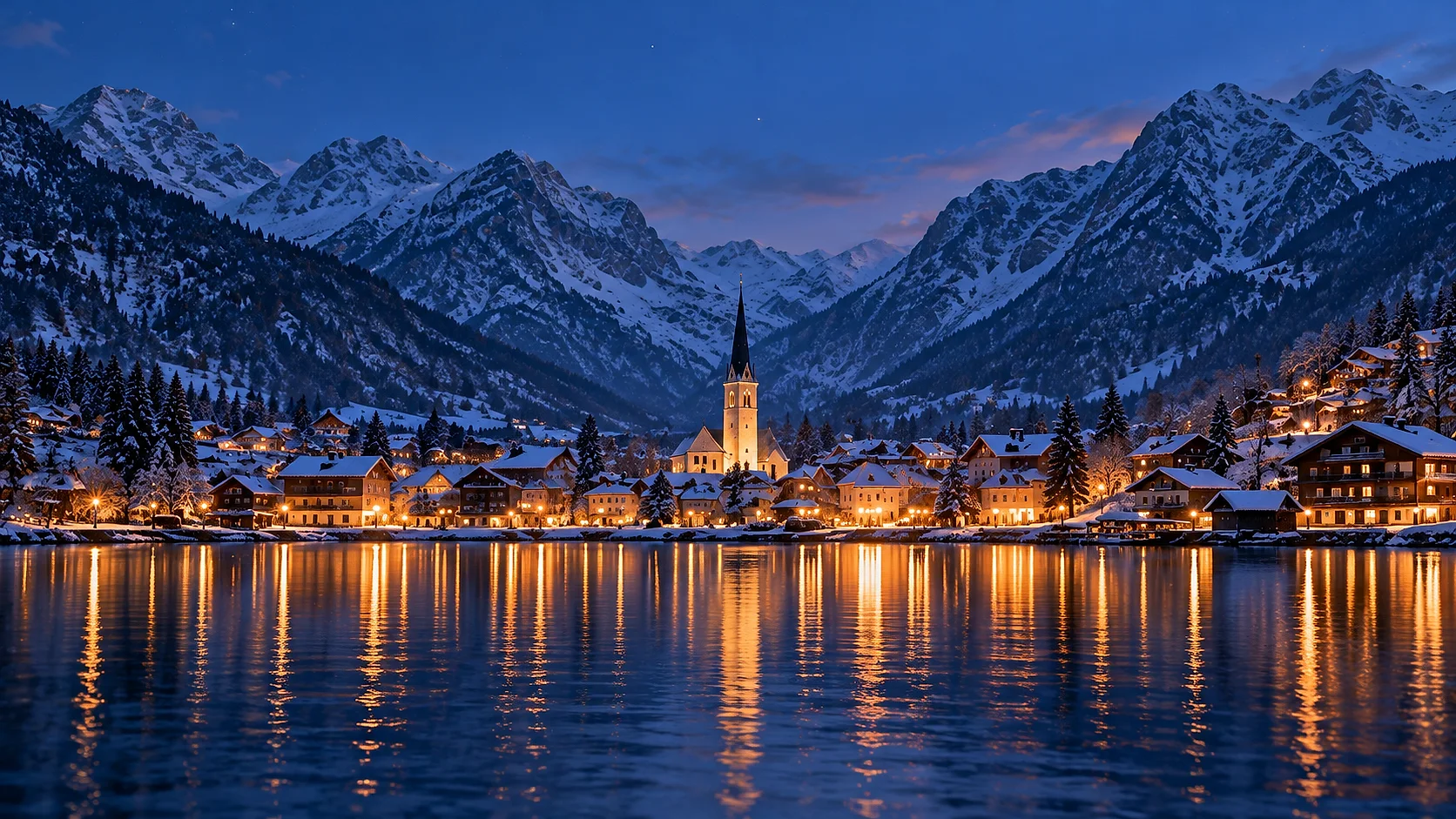 Das Dorf am See in der Dämmerung, mit beleuchtetem Kirchturm und Lichtern, die sich im Wasser spiegeln